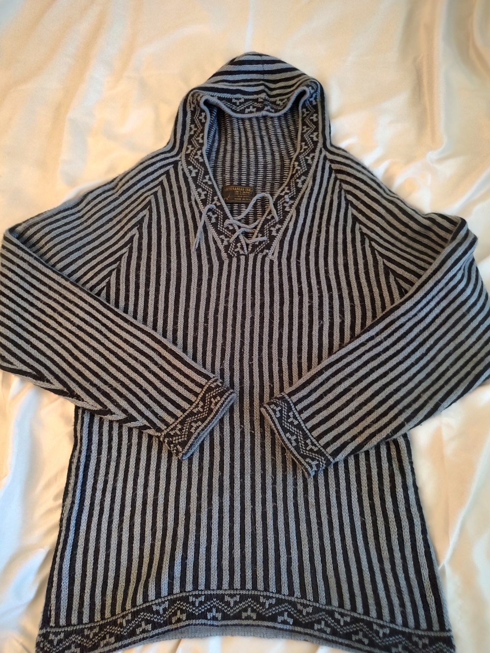 Striped Hooded Knit Turtleneck Sweater - Black and Gray